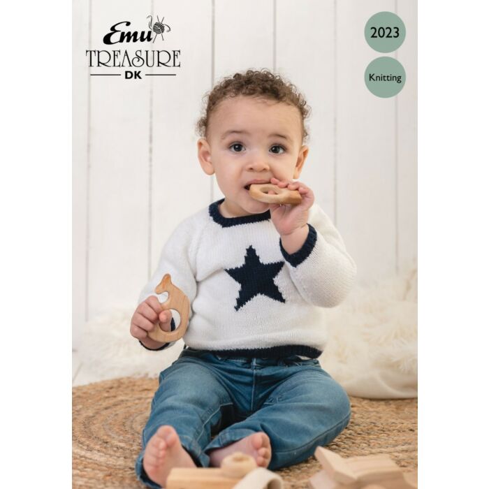 Emu Treasure DK Baby Contrast Trim Hooded Jacket 2003 Knitting Pattern Birth to 7 Years main product photo