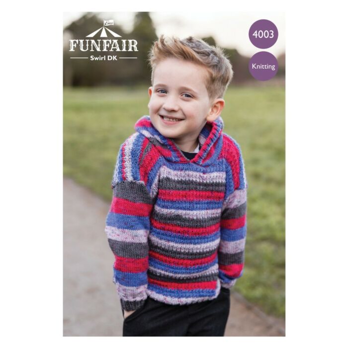 Emu Funfair Swirl DK Child's Hooped Hoodie 4003 Knitting Pattern To Fit Chest 2224 - 3032" main product photo