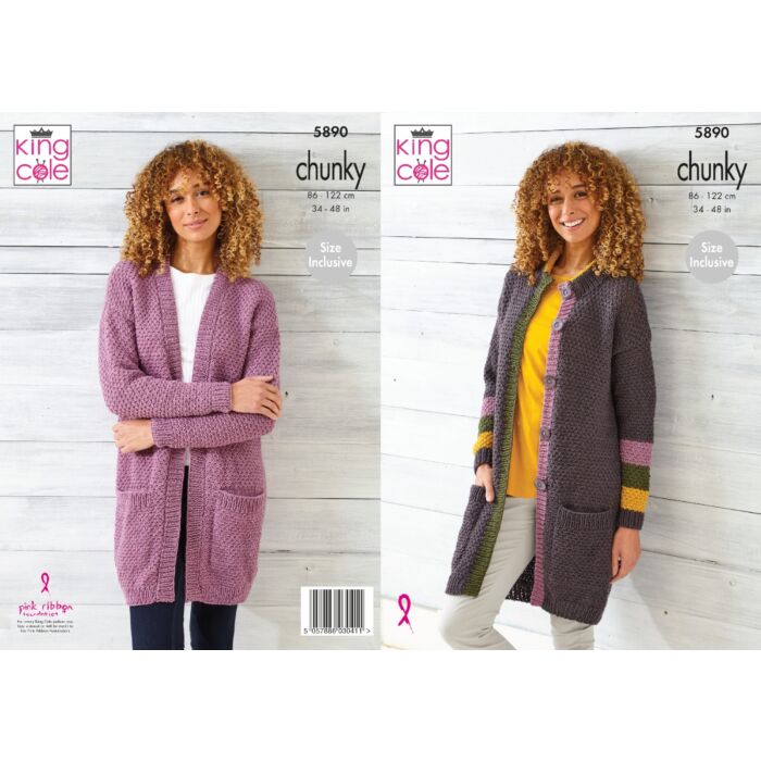 King Cole Knitting Pattern Long Line Jacket Wildwood Chunky P5890 34 to 48in