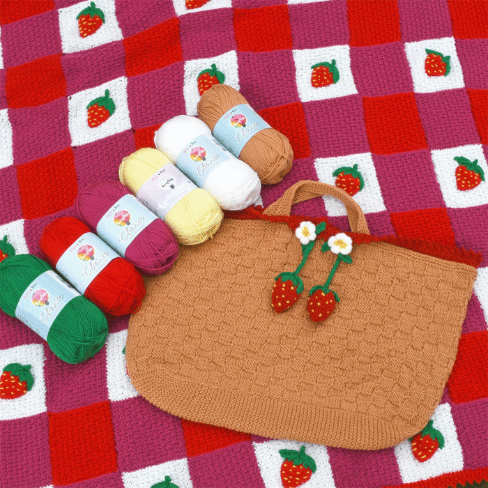 Strawberry Summer Knitted Blanket & Picnic Bag Kit by Nicola Valiji in WoolBox Imagine Classic DK