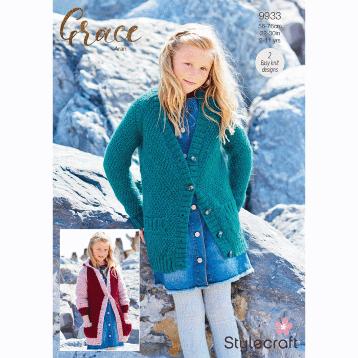 Stylecraft Grace Aran Girls Jacket & Hoodie 9933 Knitting Pattern Download main product photo