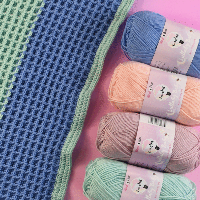Waffle Baby Blanket Crochet Pattern in WoolBox Imagine Lullaby Anti-Pilling DK by Zoe Potrac