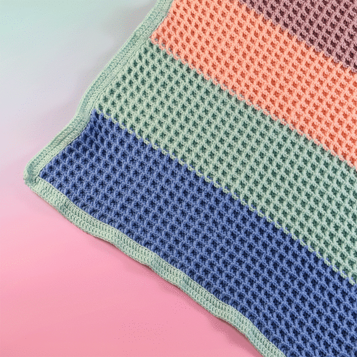 Waffle Baby Blanket Crochet Pattern in WoolBox Imagine Lullaby Anti-Pilling DK by Zoe Potrac