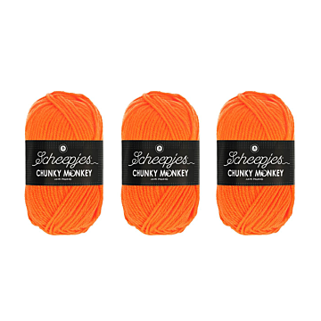 Scheepjes Chunky Monkey Aran Yarn Value Pack - 3 x 100g Balls 1256 Neon Orange 
